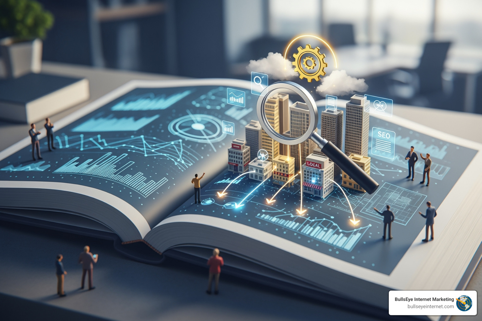 Optimized Google Business Profile listing with rich features - google business search engine optimization Open book with miniature cityscape, magnifying glass highlighting SEO and local business elements, representing Bullseye Internet's Google Business SEO services.