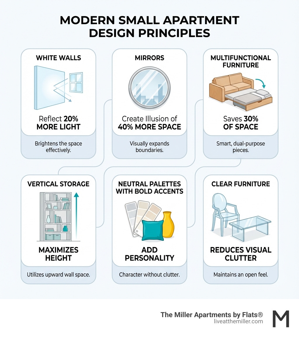 Infographic showing modern small apartment design principles: white walls reflect 20% more light, mirrors create illusion of 40% more space, multifunctional furniture saves 30% of space, vertical storage maximizes height, neutral palettes with bold accents add personality, and clear furniture reduces visual clutter - modern small apartment interior design infographic Infographic showing modern small apartment design principles: white walls reflect 20% more light, mirrors create illusion of 40% more space, multifunctional furniture saves 30% of space, vertical storage maximizes height, neutral palettes with bold accents add personality, and clear furniture reduces visual clutter - modern small apartment interior design infographic