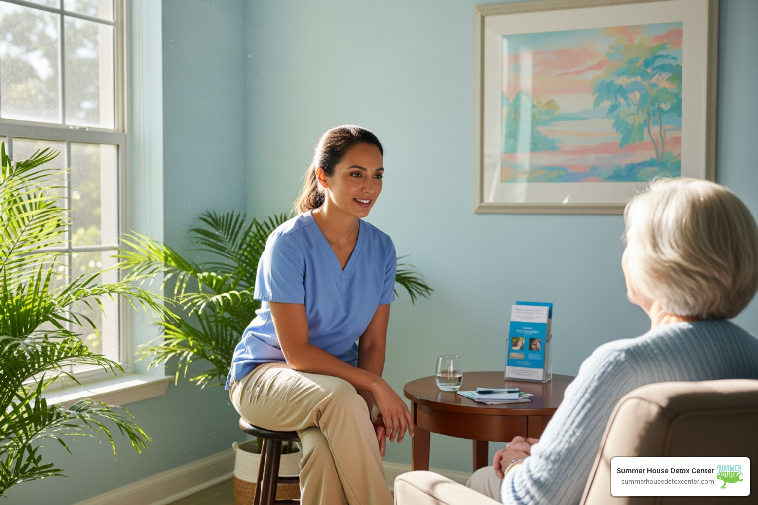 supportive healthcare professional talking to patient in calm sunny Miami room - benzo withdrawal management
