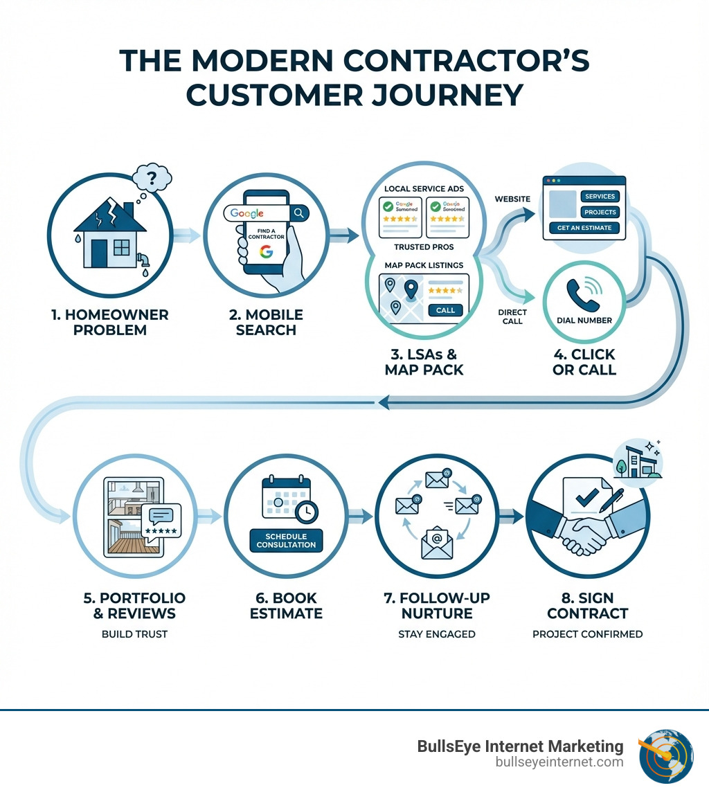 Infographic showing the modern contractor's customer journey: homeowner experiences problem, searches Google on mobile device, reviews Local Service Ads and Map Pack listings, clicks to website or calls directly, reviews portfolio and testimonials, books estimate, receives follow-up nurture emails, and finally signs contract - contractor advertising solutions infographic 