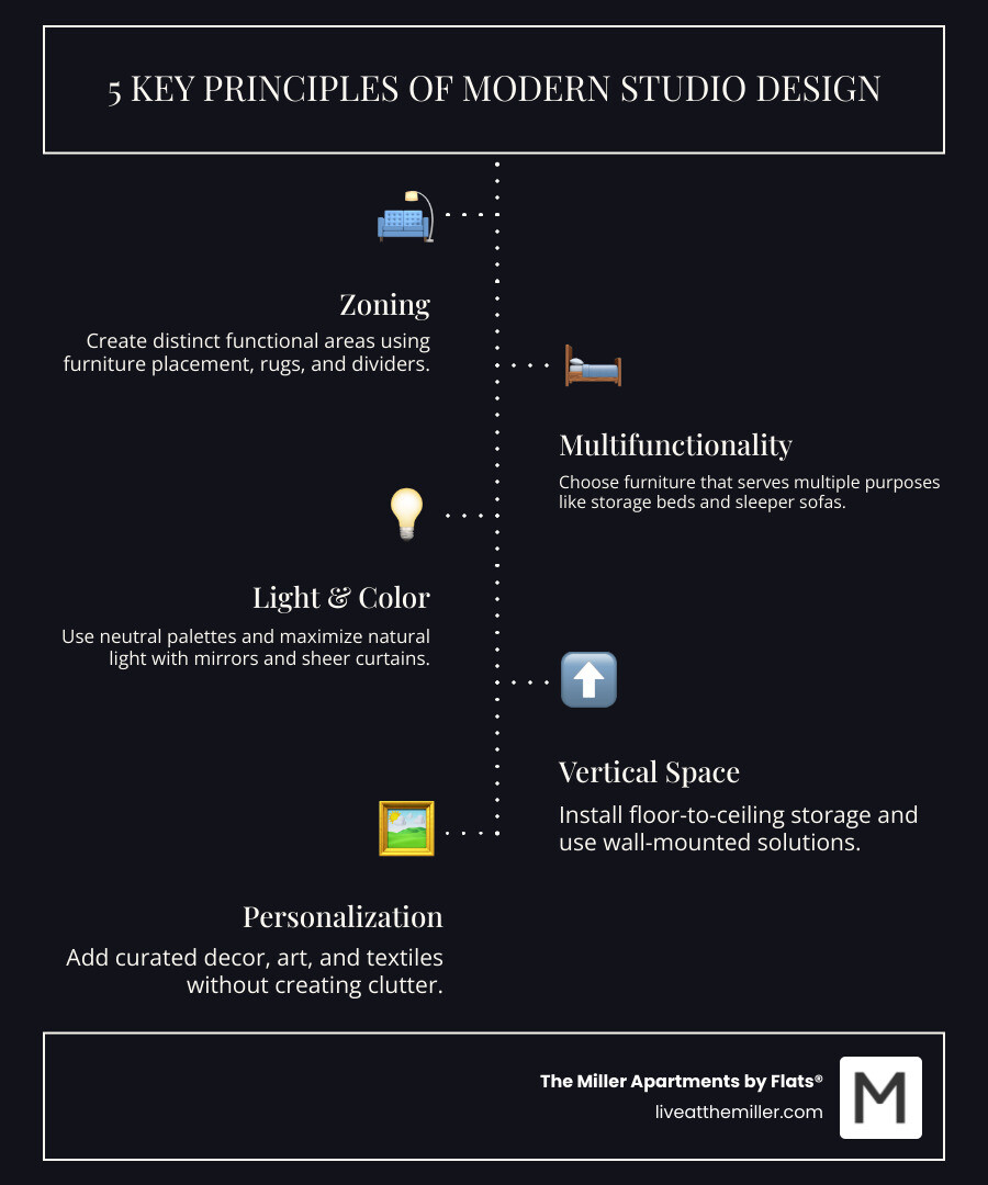 Infographic showing the 5 key principles of modern studio design: 1. Zoning - Create distinct functional areas using furniture placement, rugs, and dividers; 2. Multifunctionality - Choose furniture that serves multiple purposes like storage beds and sleeper sofas; 3. Light & Color - Use neutral palettes and maximize natural light with mirrors and sheer curtains; 4. Vertical Space - Install floor-to-ceiling storage and use wall-mounted solutions; 5. Personalization - Add curated decor, art, and textiles without creating clutter - modern studio apartment interior design infographic infographic-line-5-steps-dark