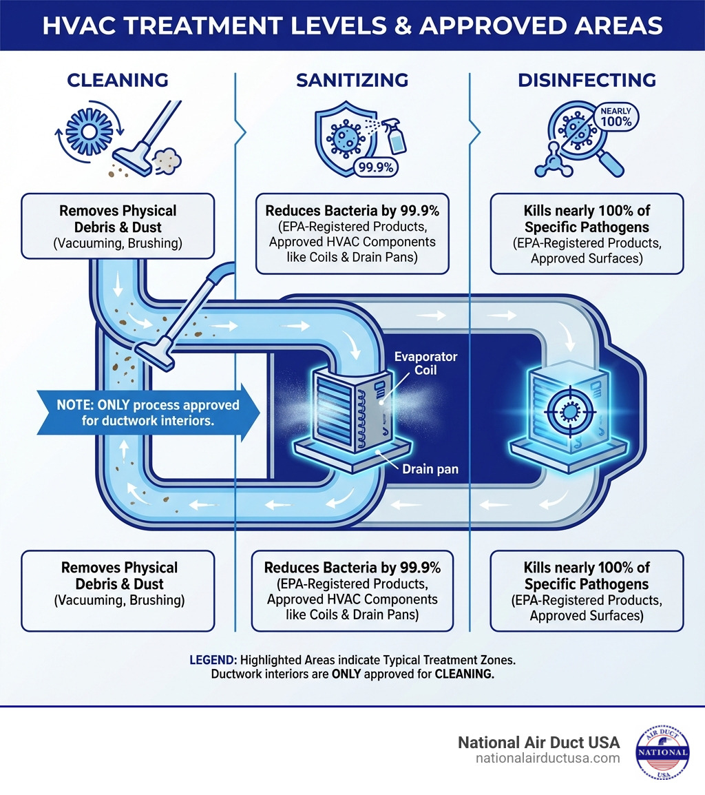 Infographic showing the three levels of air duct treatment: Cleaning removes physical debris and dust through vacuuming and brushing; Sanitizing reduces bacteria by 99.9 percent on approved HVAC components like coils and drain pans using EPA-registered products; Disinfecting kills nearly 100 percent of specific pathogens on approved surfaces. The infographic includes icons for each process, notes that only cleaning is approved for ductwork interiors, and shows typical treatment areas for each method with a cross-section of an HVAC system. - how to sanitize air ducts infographic 