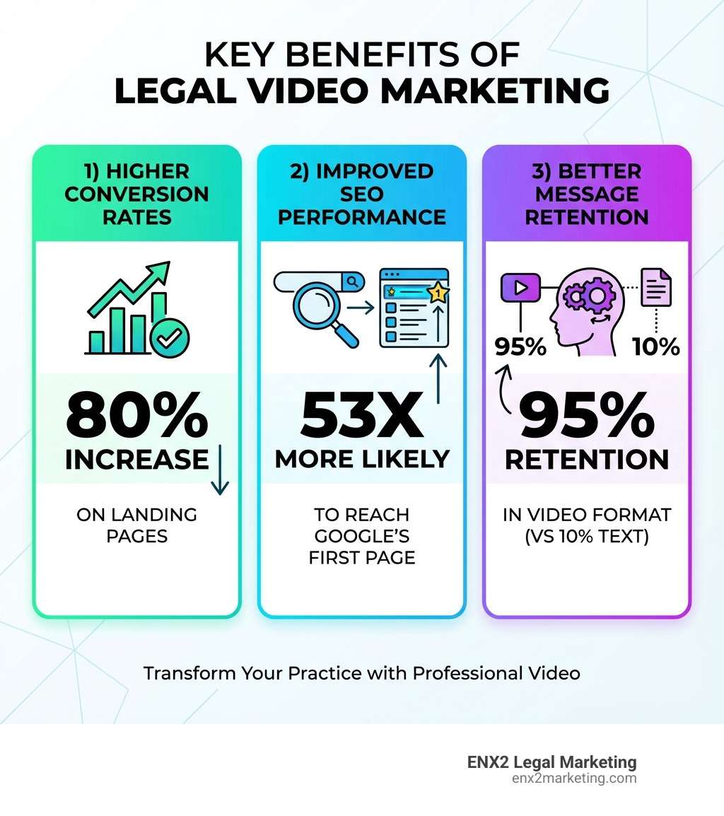 Infographic showing three key benefits of legal video marketing: 1) Higher conversion rates (80% increase on landing pages), 2) Improved SEO performance (53x more likely to reach page 1), and 3) Better message retention (95% vs 10% for text). Icons show rising graphs, search rankings, and client engagement metrics. - Video production for lawyers infographic Infographic showing three key benefits of legal video marketing: 1) Higher conversion rates (80% increase on landing pages), 2) Improved SEO performance (53x more likely to reach page 1), and 3) Better message retention (95% vs 10% for text). Icons show rising graphs, search rankings, and client engagement metrics. - Video production for lawyers infographic