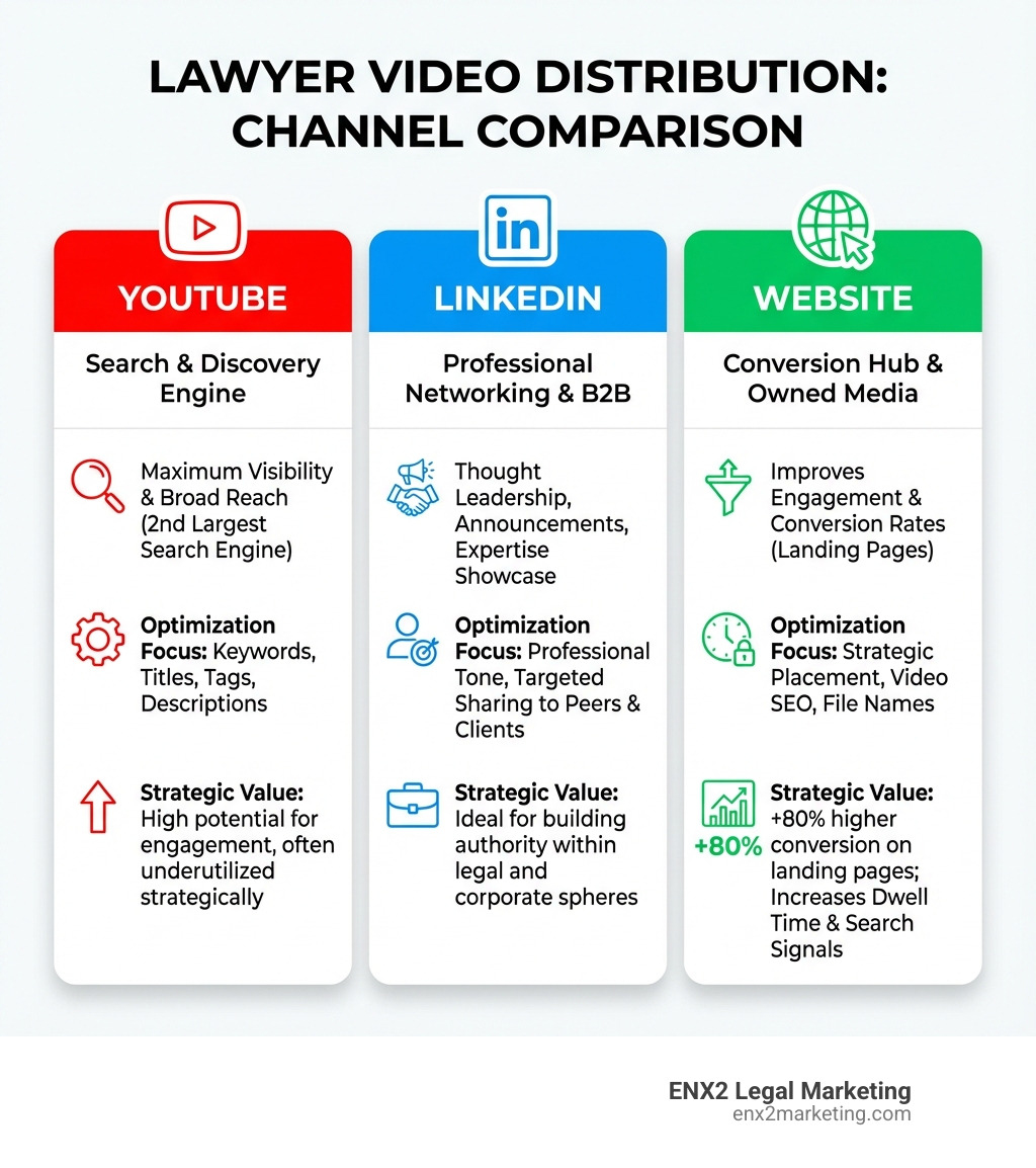Table comparing YouTube, LinkedIn, and Website as video distribution channels for lawyers. - Video production for lawyers infographic Table comparing YouTube, LinkedIn, and Website as video distribution channels for lawyers. - Video production for lawyers infographic