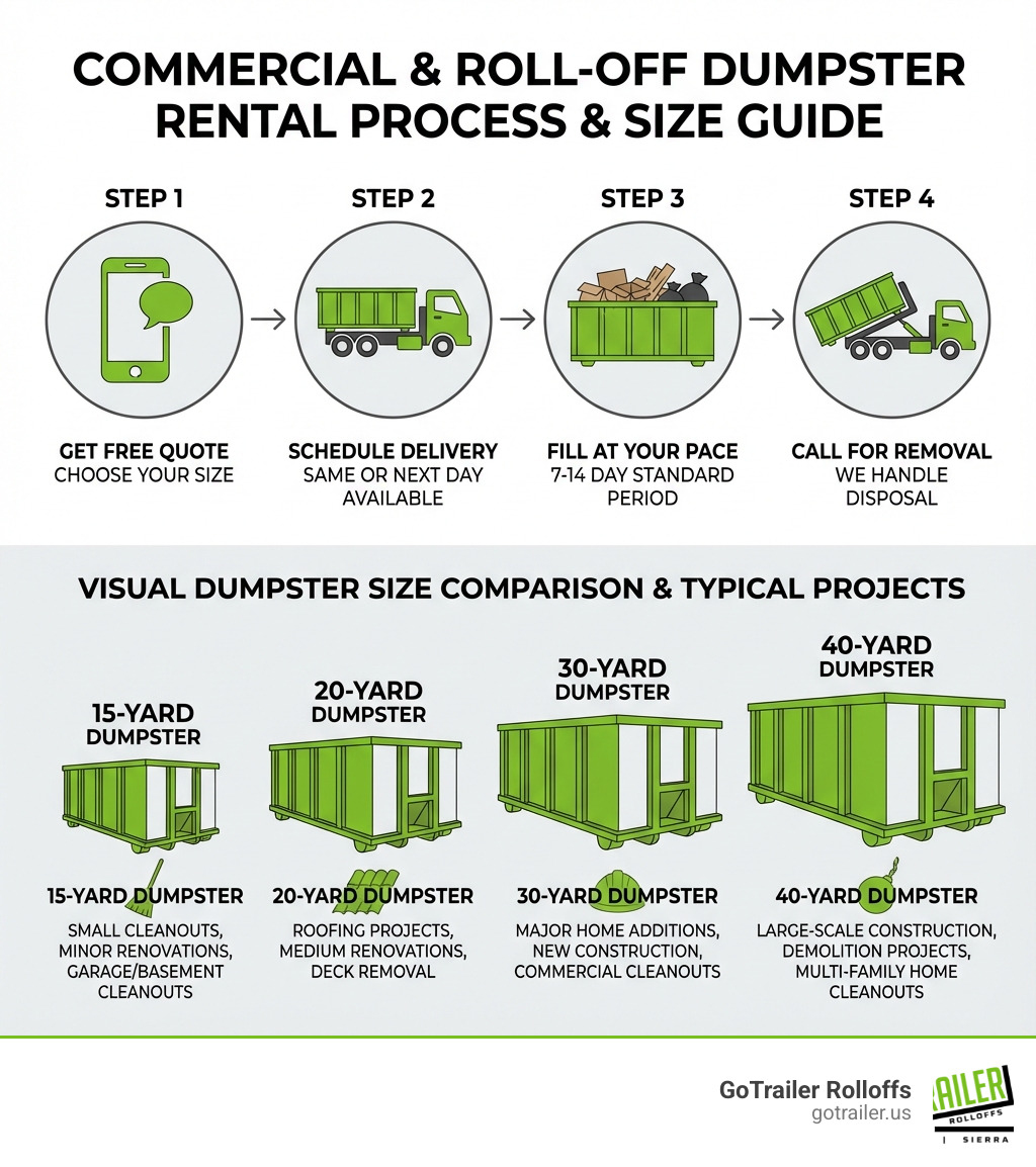 Infographic showing the complete dumpster rental process: Step 1 shows a phone icon with "Get Free Quote - Choose Your Size", Step 2 shows a delivery truck with "Schedule Delivery - Same or Next Day Available", Step 3 shows a full dumpster with "Fill at Your Pace - 7-14 Day Standard Period", and Step 4 shows pickup with "Call for Removal - We Handle Disposal". Includes visual comparison of 15, 20, 30, and 40-yard dumpster sizes with typical project types listed below each size. - dumpster rental sonoita az infographic Infographic showing the complete dumpster rental process: Step 1 shows a phone icon with "Get Free Quote - Choose Your Size", Step 2 shows a delivery truck with "Schedule Delivery - Same or Next Day Available", Step 3 shows a full dumpster with "Fill at Your Pace - 7-14 Day Standard Period", and Step 4 shows pickup with "Call for Removal - We Handle Disposal". Includes visual comparison of 15, 20, 30, and 40-yard dumpster sizes with typical project types listed below each size. - dumpster rental sonoita az infographic