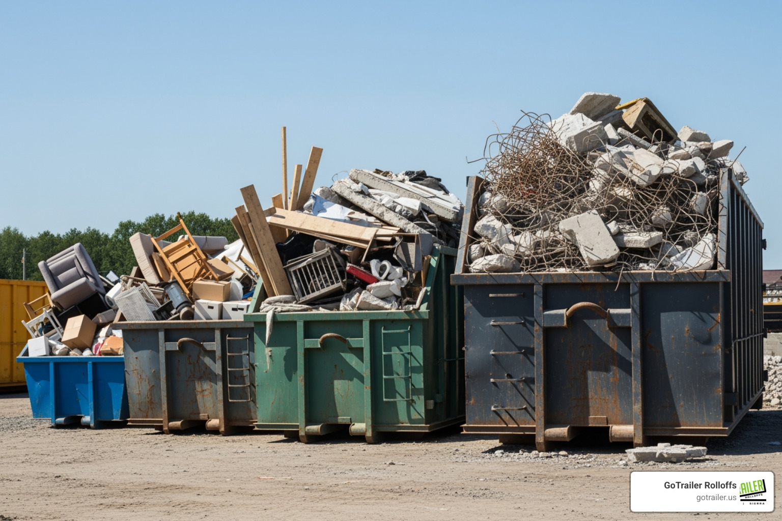 A visual comparison of 15, 20, 30, and 40-yard dumpster sizes with common items like furniture, construction debris, and yard waste indicating their capacity. - dumpster rental sonoita az A visual comparison of 15, 20, 30, and 40-yard dumpster sizes with common items like furniture, construction debris, and yard waste indicating their capacity. - dumpster rental sonoita az