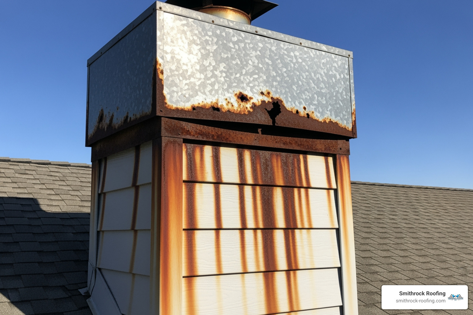 chimney chase with long, reddish-brown rust stains running down the siding from a corroded chase cover - prefab chimney chase covers