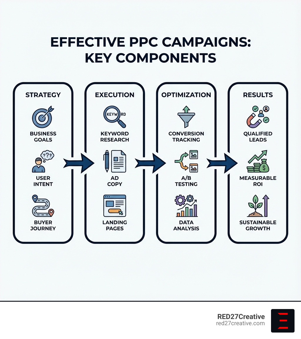 Infographic showing the key components of effective PPC campaigns: Strategy (business goals, user intent, buyer journey), Execution (keyword research, ad copy, landing pages), Optimization (conversion tracking, A/B testing, data analysis), and Results (qualified leads, measurable ROI, sustainable growth) - effective PPC campaigns infographic Infographic showing the key components of effective PPC campaigns: Strategy (business goals, user intent, buyer journey), Execution (keyword research, ad copy, landing pages), Optimization (conversion tracking, A/B testing, data analysis), and Results (qualified leads, measurable ROI, sustainable growth) - effective PPC campaigns infographic