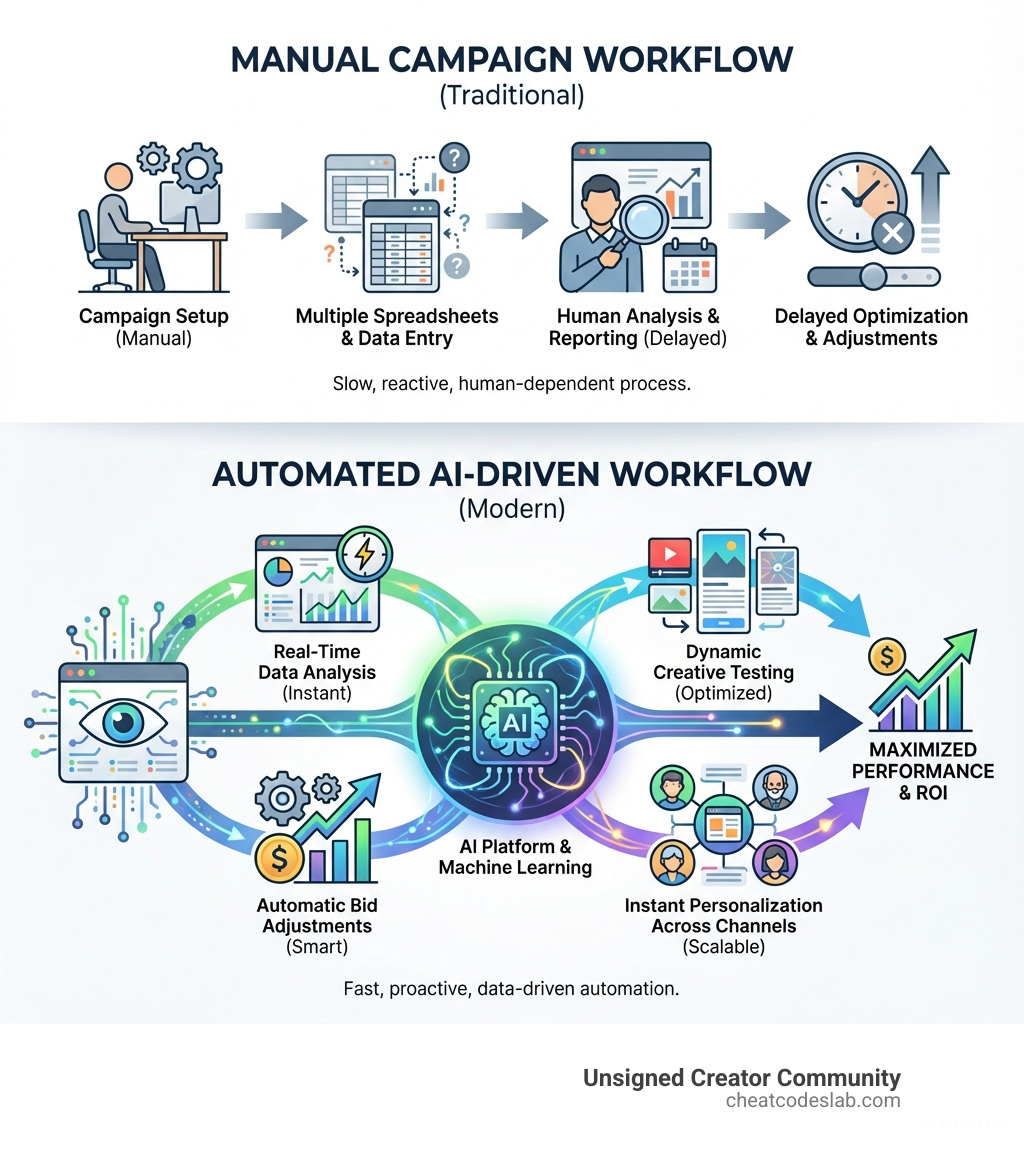 Infographic comparing manual digital ad campaign workflow with multiple steps, spreadsheets, and delayed optimization versus automated AI-driven workflow showing real-time data analysis, automatic bid adjustments, dynamic creative testing, and instant personalization across channels - ai digital advertising infographic 