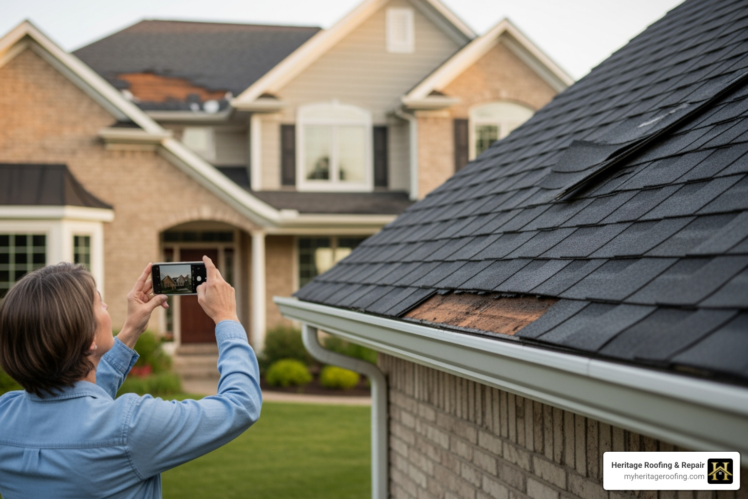 homeowner taking photos of damaged roof with smartphone - Insurance claim support homeowner taking photos of damaged roof with smartphone - Insurance claim support