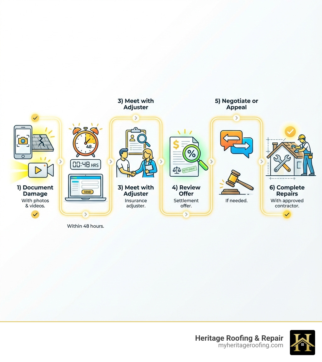 Detailed infographic showing the insurance claim support process: 1) Document damage with photos and videos, 2) File claim within 48 hours, 3) Meet with insurance adjuster, 4) Review settlement offer, 5) Negotiate or appeal if needed, 6) Complete repairs with approved contractor - Insurance claim support infographic Detailed infographic showing the insurance claim support process: 1) Document damage with photos and videos, 2) File claim within 48 hours, 3) Meet with insurance adjuster, 4) Review settlement offer, 5) Negotiate or appeal if needed, 6) Complete repairs with approved contractor - Insurance claim support infographic