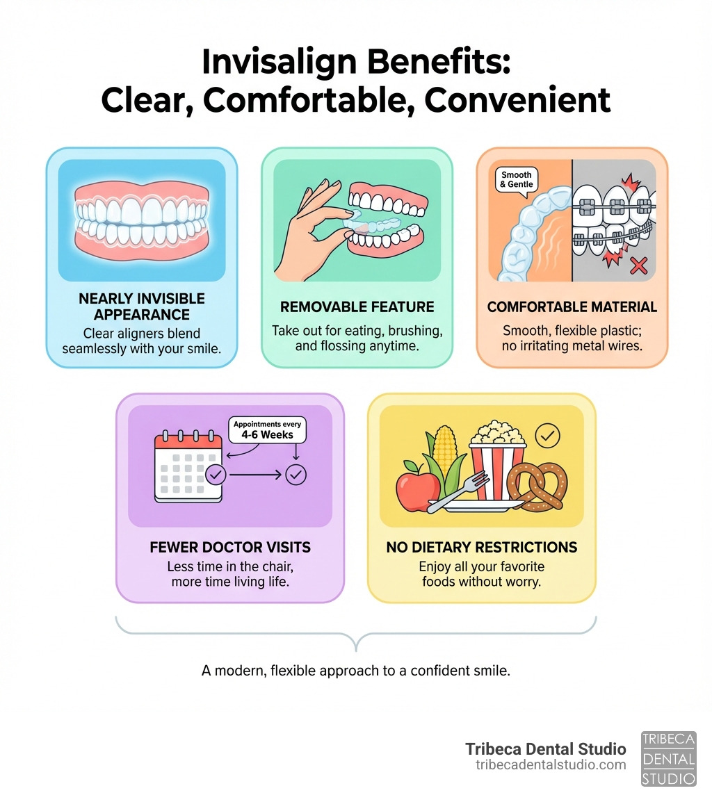 infographic showing Invisalign benefits: nearly invisible appearance with clear aligners on teeth, removable feature with aligner being taken out by hand, comfortable smooth plastic material compared to metal braces, fewer doctor visits with calendar showing appointments every 4-6 weeks, and ability to eat all foods with no dietary restrictions - invisalign infographic infographic showing Invisalign benefits: nearly invisible appearance with clear aligners on teeth, removable feature with aligner being taken out by hand, comfortable smooth plastic material compared to metal braces, fewer doctor visits with calendar showing appointments every 4-6 weeks, and ability to eat all foods with no dietary restrictions - invisalign infographic