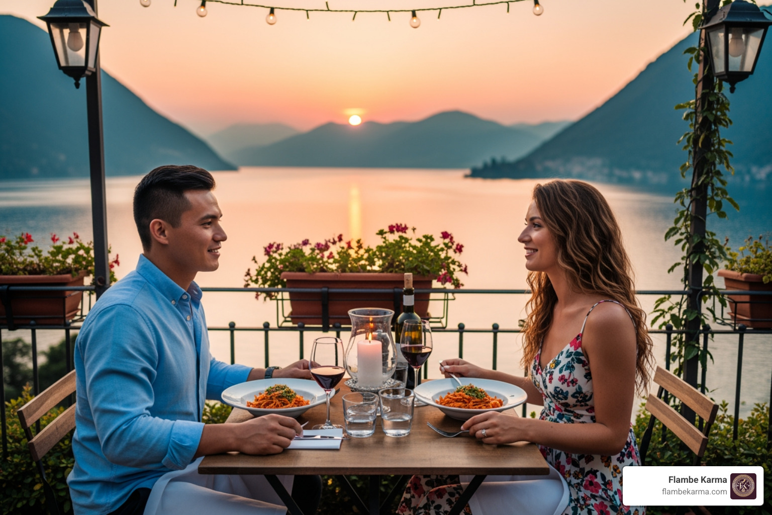 A couple dining on a scenic outdoor patio at sunset, enjoying an intimate meal - romantic date night restaurants