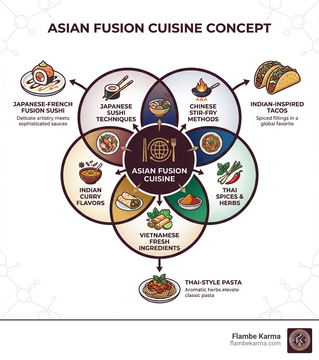 Infographic showing Asian Fusion Cuisine concept with overlapping circles representing different Asian culinary traditions (Japanese sushi techniques, Chinese stir-fry methods, Thai spices and herbs, Indian curry flavors, and Vietnamese fresh ingredients) meeting in the center to create fusion dishes, with examples like Japanese-French fusion sushi, Indian-inspired tacos, and Thai-style pasta around the edges - best asian fusion near me infographic 