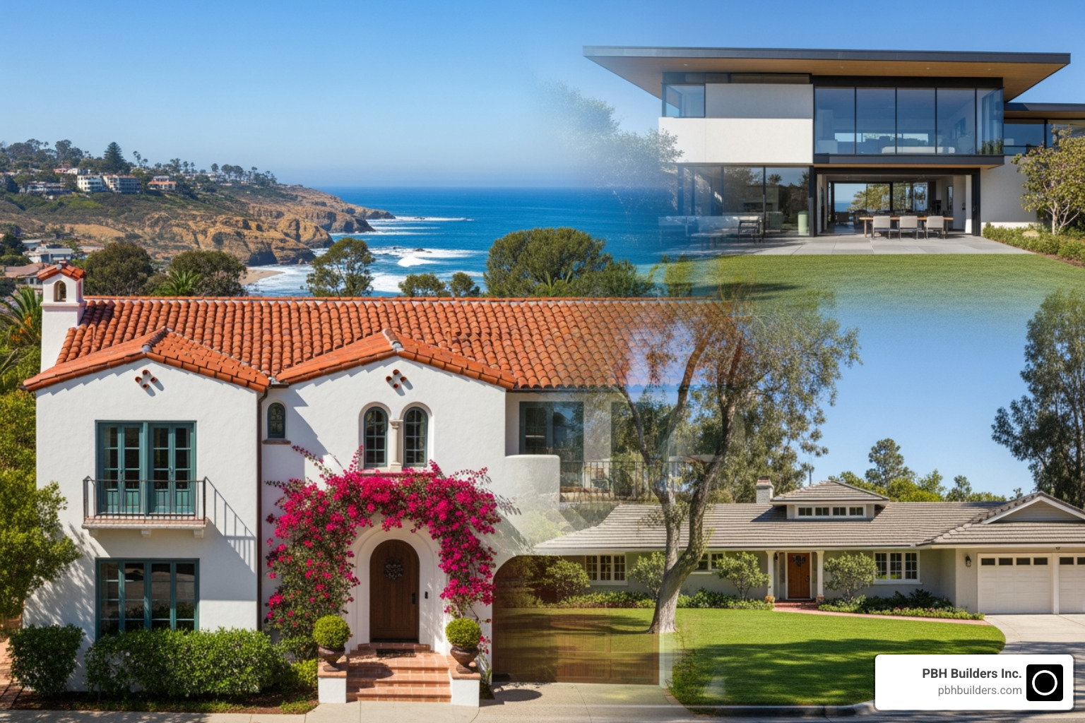 Collage of La Jolla architectural styles: Spanish Mediterranean, Modern, and Ranch - Home Remodeling La Jolla
