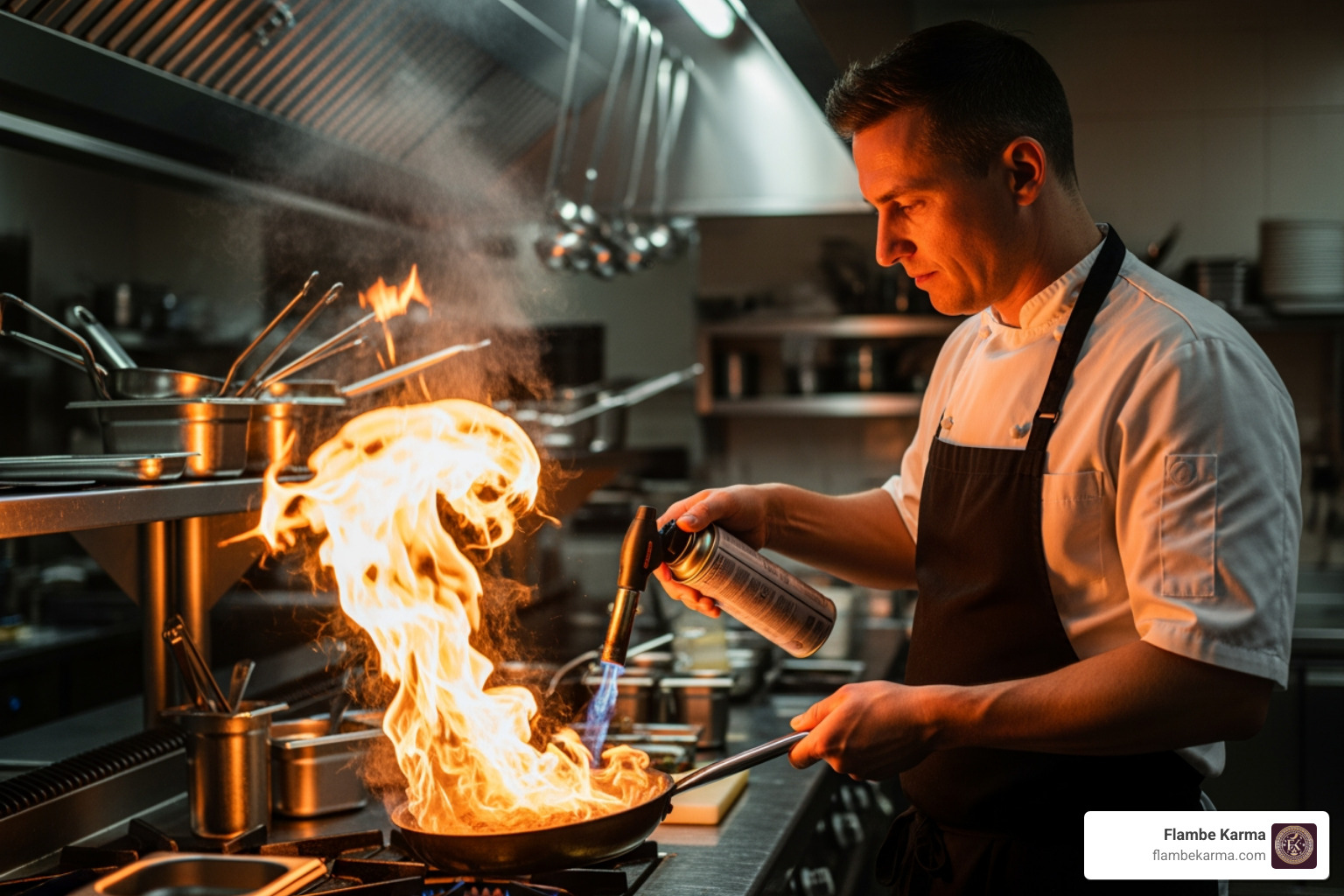 A chef using a culinary torch to flambé a dish, with flames rising dramatically - Gourmet Indian cuisine