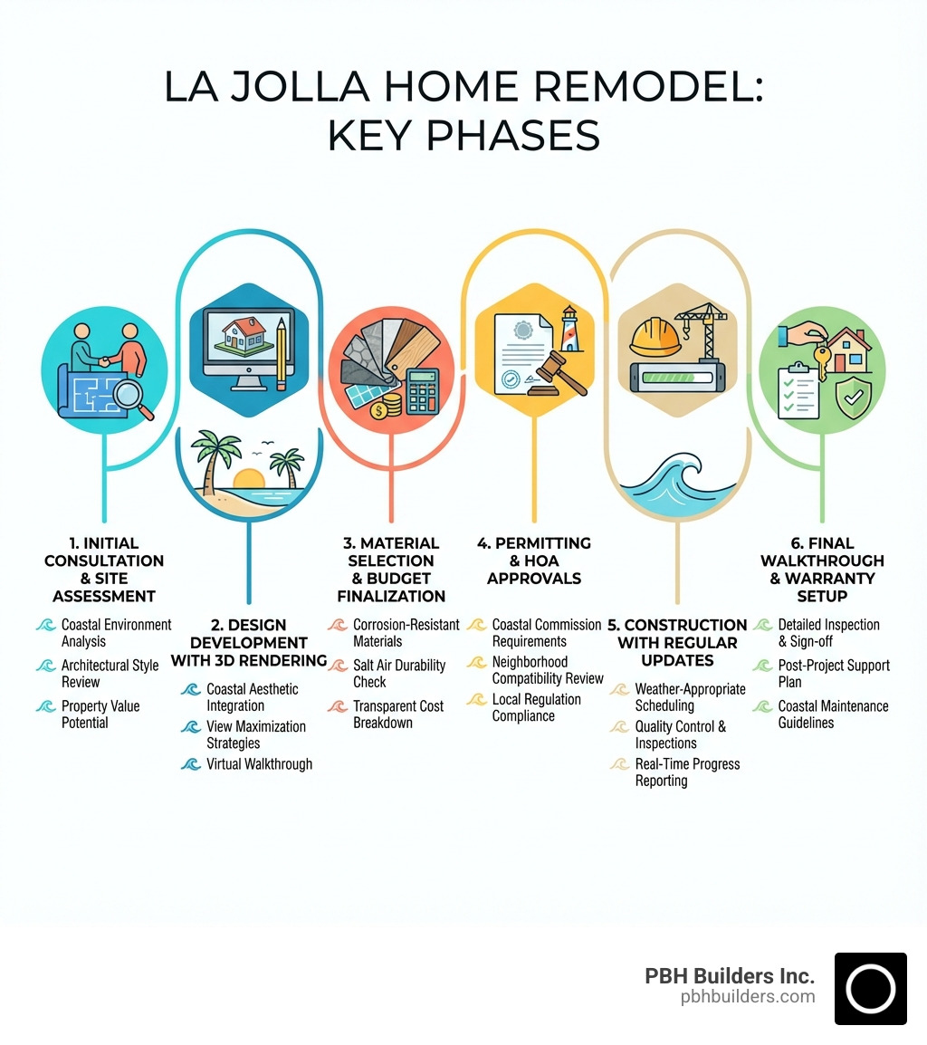 Infographic showing the key phases of a La Jolla home remodel: 1) Initial Consultation & Site Assessment, 2) Design Development with 3D Rendering, 3) Material Selection & Budget Finalization, 4) Permitting & HOA Approvals, 5) Construction with Regular Updates, 6) Final Walkthrough & Warranty Setup. Each phase includes coastal-specific considerations like material corrosion resistance, Coastal Commission requirements, and neighborhood architectural compatibility. - Home Remodeling La Jolla infographic 