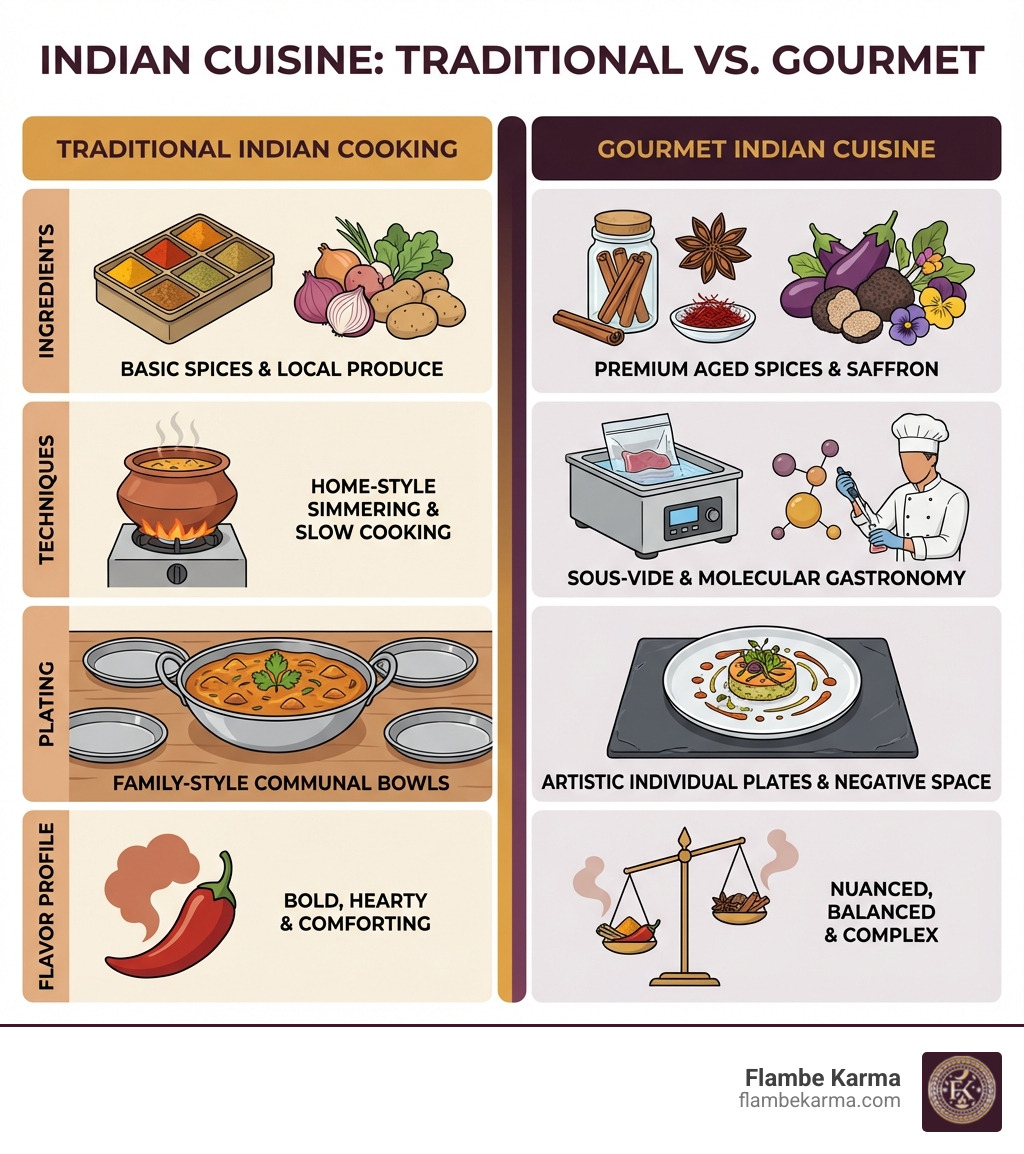 Infographic showing the differences between traditional Indian cooking and gourmet Indian cuisine, comparing ingredients like basic spices versus premium aged spices and saffron, techniques such as home-style simmering versus sous-vide and molecular gastronomy, plating from family-style serving bowls versus artistic individual plates with negative space, and flavor profiles ranging from bold and hearty to nuanced and balanced - Gourmet Indian cuisine infographic 