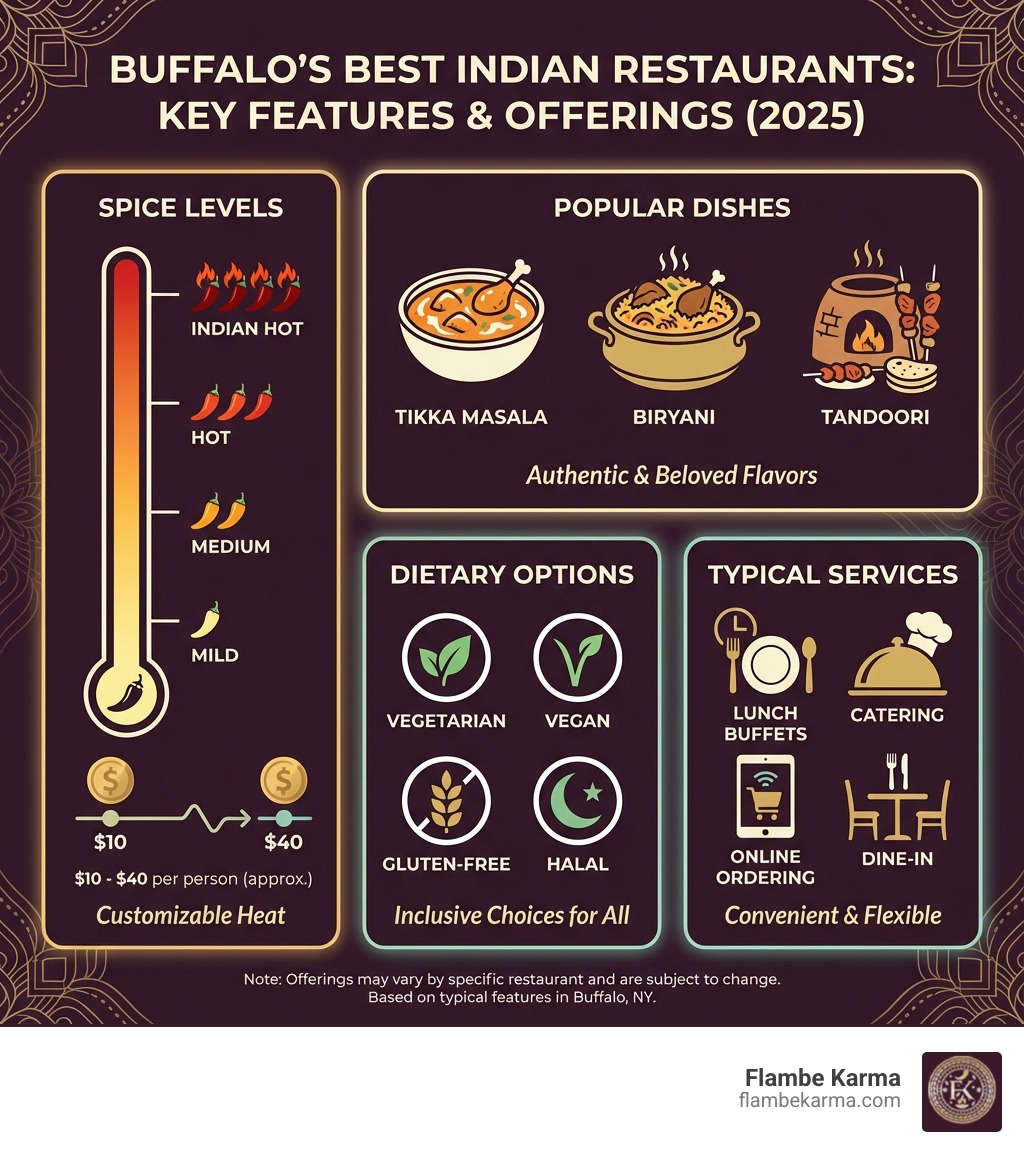 Infographic showing key features of Buffalo's best Indian restaurants including spice levels (mild to Indian hot), popular dishes (Tikka Masala, Biryani, Tandoori), price ranges ($10-40 per person), dietary options (vegetarian, vegan, gluten-free, halal), and typical services (lunch buffets, catering, online ordering, dine-in) - Best Indian restaurant Buffalo infographic Infographic showing key features of Buffalo's best Indian restaurants including spice levels (mild to Indian hot), popular dishes (Tikka Masala, Biryani, Tandoori), price ranges ($10-40 per person), dietary options (vegetarian, vegan, gluten-free, halal), and typical services (lunch buffets, catering, online ordering, dine-in) - Best Indian restaurant Buffalo infographic
