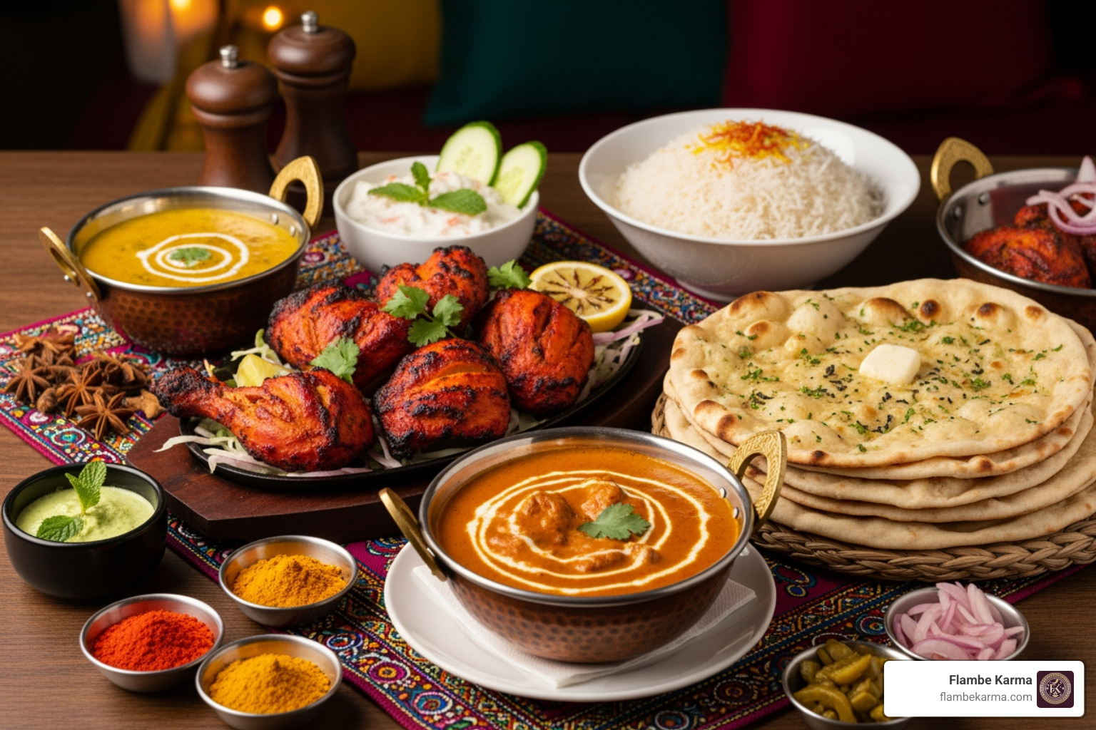 A vibrant spread of Indian dishes, including tandoori chicken, a creamy curry, and naan bread - indian restaurant deerfield
