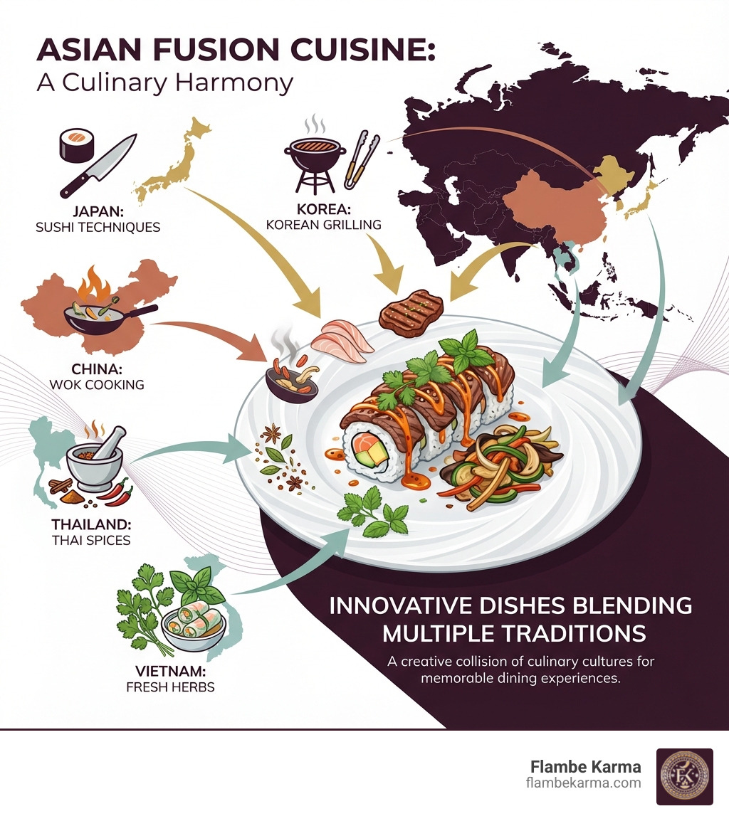 Infographic showing the concept of Asian Fusion cuisine with a map of Asia highlighting different culinary regions (Japan, China, Thailand, Korea, Vietnam) with arrows pointing to a central plate, illustrating how fusion blends Japanese sushi techniques, Chinese wok cooking, Thai spices, Korean grilling methods, and Vietnamese fresh herbs into innovative dishes that combine multiple Asian traditions - asian fusion restaurant near me infographic Infographic showing the concept of Asian Fusion cuisine with a map of Asia highlighting different culinary regions (Japan, China, Thailand, Korea, Vietnam) with arrows pointing to a central plate, illustrating how fusion blends Japanese sushi techniques, Chinese wok cooking, Thai spices, Korean grilling methods, and Vietnamese fresh herbs into innovative dishes that combine multiple Asian traditions - asian fusion restaurant near me infographic