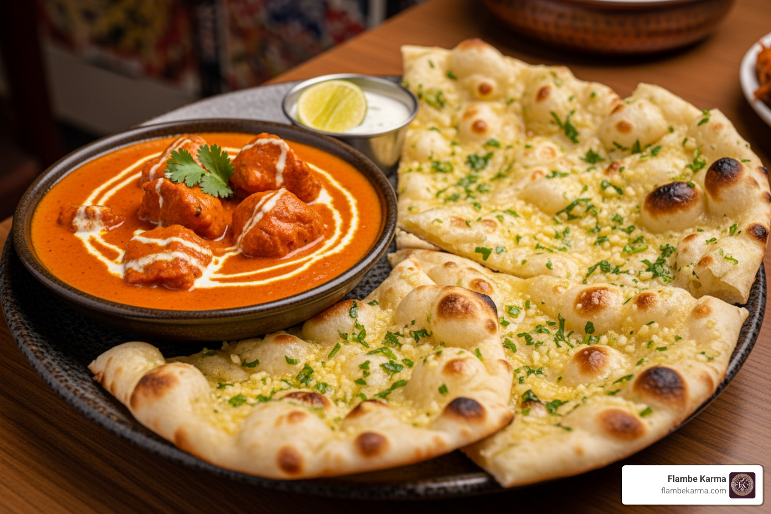 of Butter Chicken and Garlic Naan - indian food of Butter Chicken and Garlic Naan - indian food