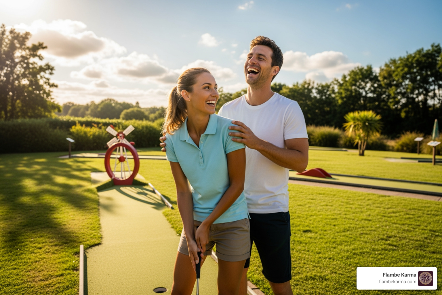 couple laughing playing mini-golf - Best date night couple laughing playing mini-golf - Best date night