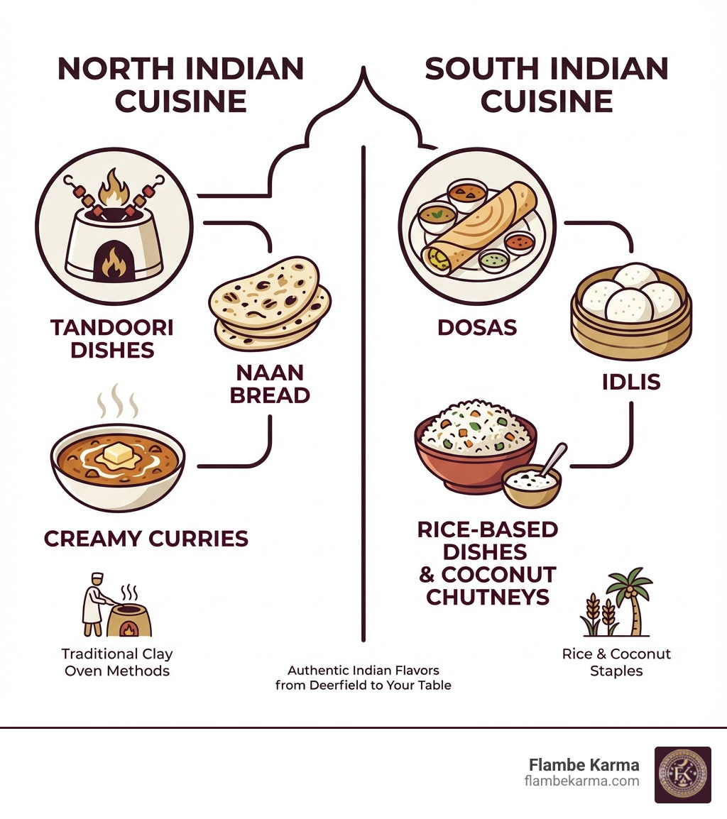 Comparison of North Indian and South Indian cuisine, showing North Indian features like tandoori dishes, naan bread, and creamy curries versus South Indian specialties like dosas, idlis, and rice-based dishes with coconut chutneys - indian restaurant deerfield infographic 