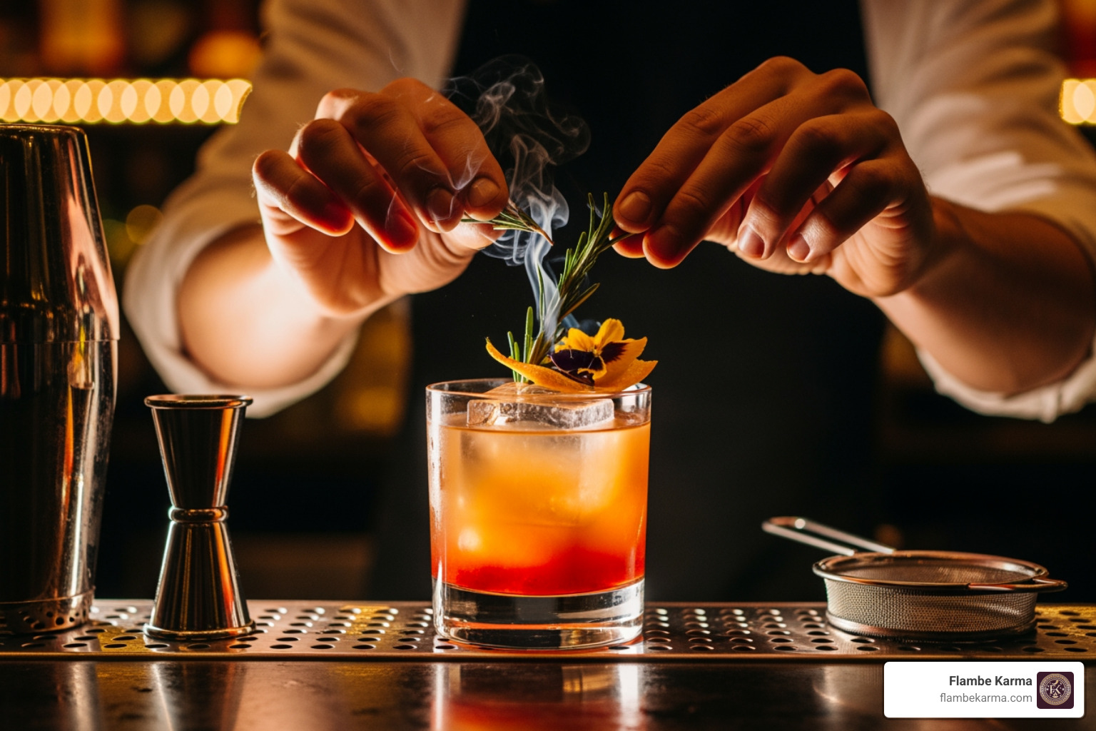 elaborate craft cocktail being prepared at Flambe Karma’s bar - late night date restaurants