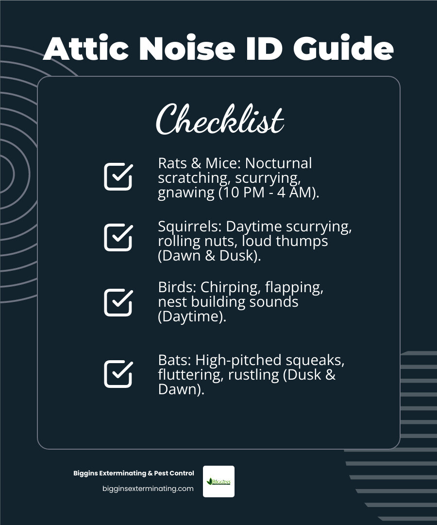 infographic showing common attic sounds with pest identification: scratching at night equals rats or mice, daytime scurrying equals squirrels, flapping and chirping equals birds, high pitched squeaking equals bats, heavy thumping equals raccoons, each with corresponding activity times and droppings descriptions - sound of rats in attic infographic checklist-dark-blue