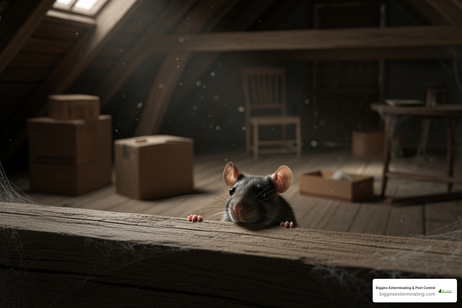 roof rat peeking over a wooden beam in an attic - sound of rats in attic