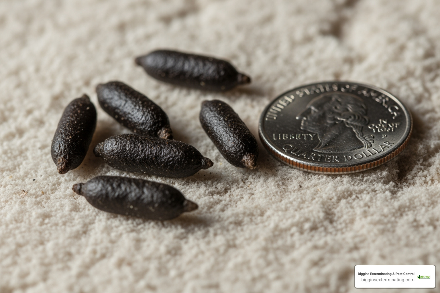 dark, spindle-shaped rat droppings on attic insulation next to a quarter for scale - sound of rats in attic