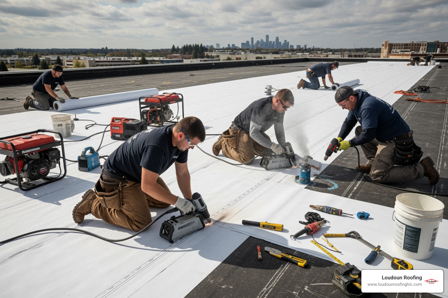 roofing crew installing a TPO membrane on a commercial building - flat roof specialists roofing crew installing a TPO membrane on a commercial building - flat roof specialists