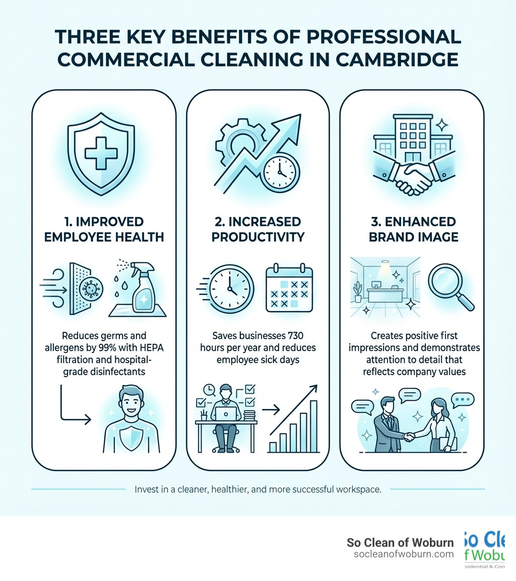Infographic showing three key benefits of professional commercial cleaning: 1. Improved Employee Health - reduces germs and allergens by 99% with HEPA filtration and hospital-grade disinfectants, 2. Increased Productivity - saves businesses 730 hours per year and reduces employee sick days, 3. Enhanced Brand Image - creates positive first impressions and demonstrates attention to detail that reflects company values - commercial cleaning in cambridge infographic 