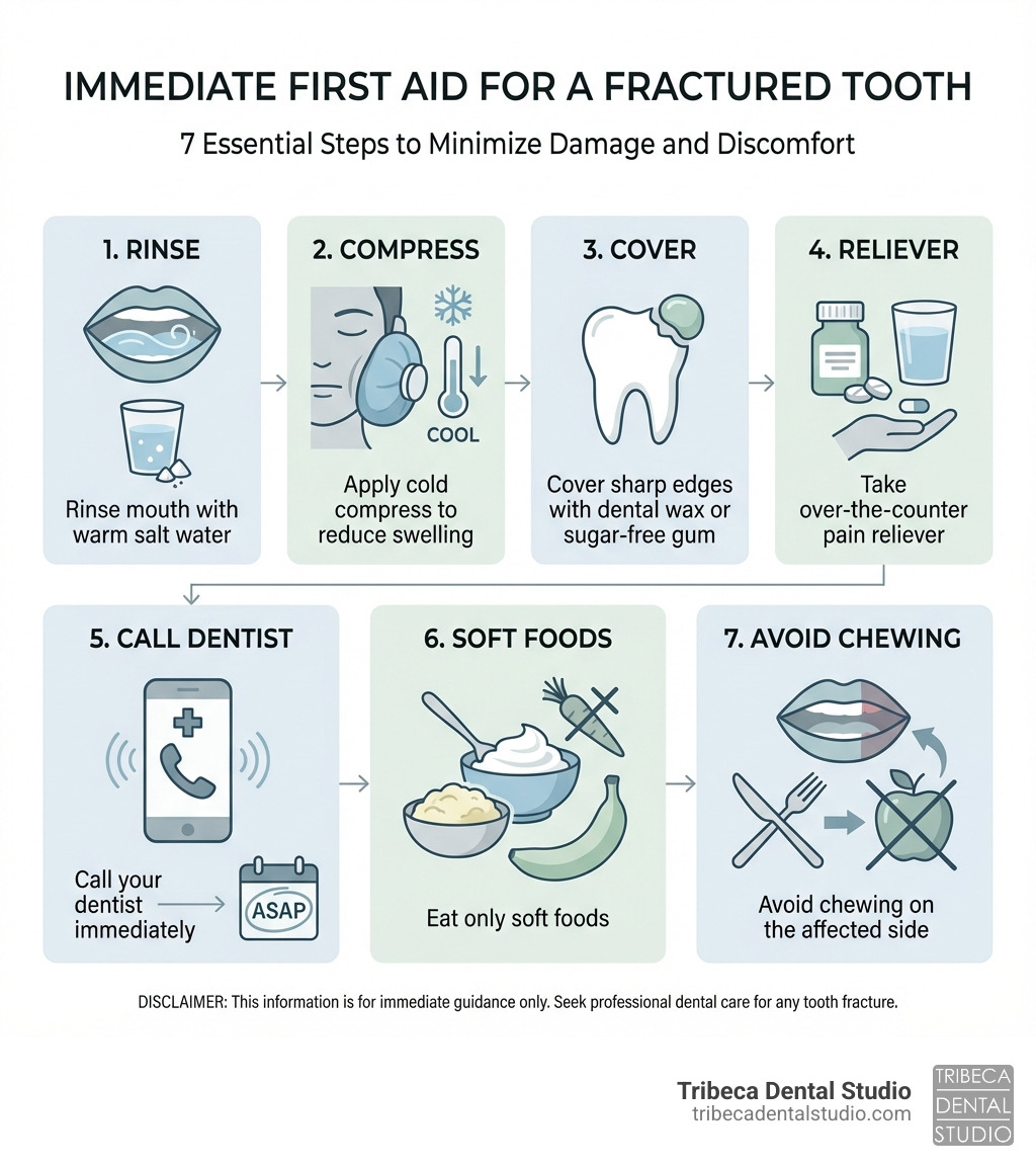 Infographic showing immediate first aid steps for a fractured tooth: 1. Rinse mouth with warm salt water 2. Apply cold compress to reduce swelling 3. Cover sharp edges with dental wax or sugar-free gum 4. Take over-the-counter pain reliever 5. Call your dentist immediately 6. Eat only soft foods 7. Avoid chewing on the affected side - fix fractured tooth infographic 