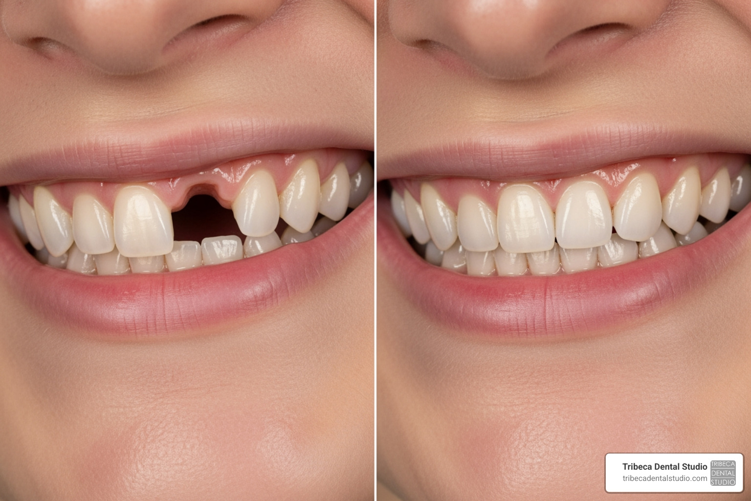side-by-side comparison of a gapped smile and a smile with an implant - Immediate dental implants NYC