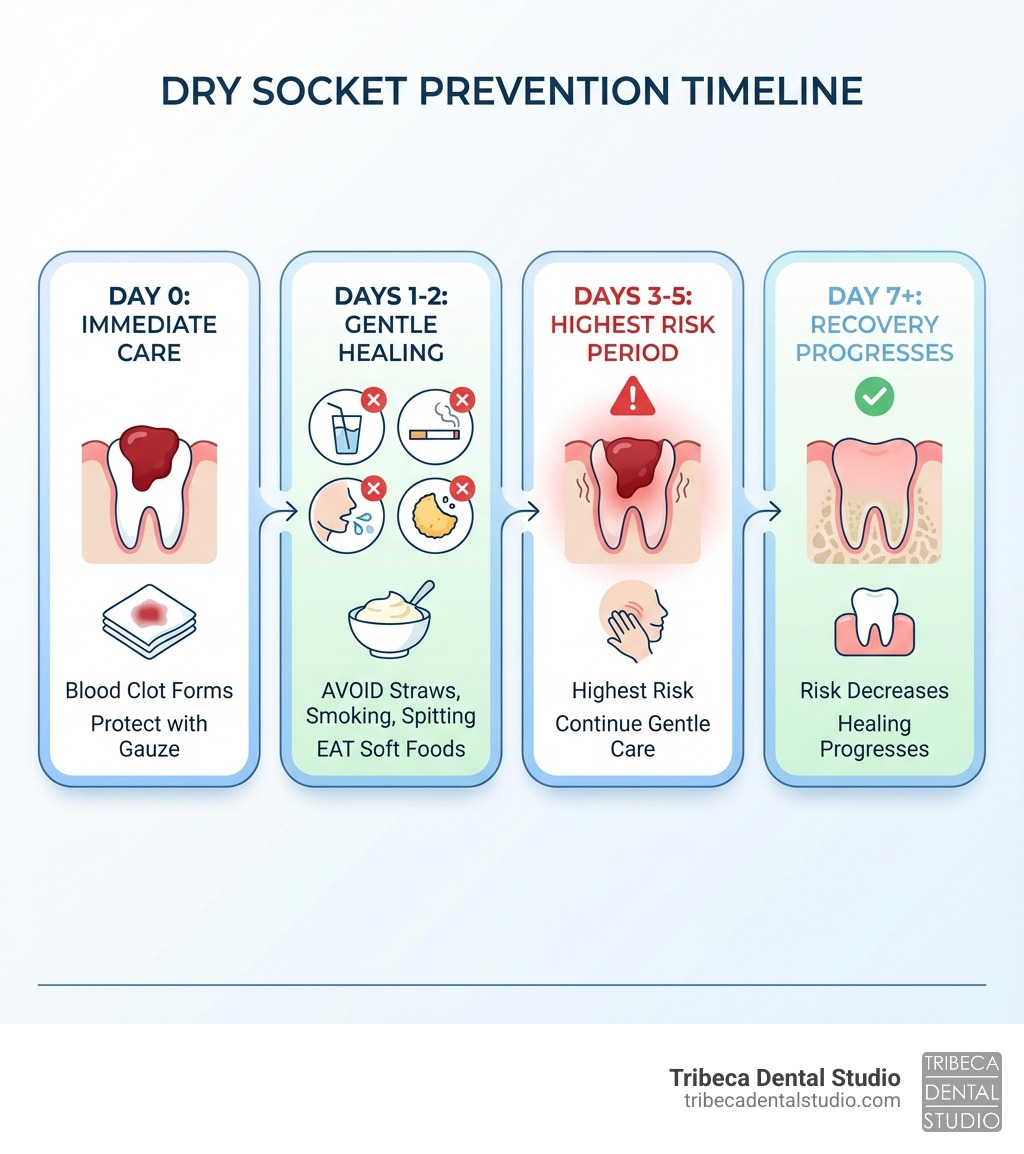 Infographic showing dry socket prevention timeline: Day 0 - blood clot forms, protect with gauze; Days 1-2 - avoid straws, smoking, spitting, eat soft foods; Days 3-5 - highest risk period, continue gentle care; Day 7+ - risk decreases, healing progresses - best way to prevent dry socket infographic 