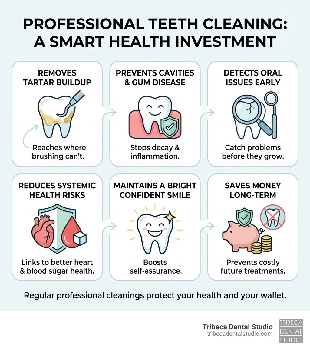Infographic showing the key benefits of professional teeth cleaning: removes tartar buildup that brushing can't reach, prevents cavities and gum disease, detects oral health issues early, reduces risk of heart disease and diabetes, maintains a bright confident smile, and saves money by preventing costly future treatments - teeth cleaning without insurance cost infographic Infographic showing the key benefits of professional teeth cleaning: removes tartar buildup that brushing can't reach, prevents cavities and gum disease, detects oral health issues early, reduces risk of heart disease and diabetes, maintains a bright confident smile, and saves money by preventing costly future treatments - teeth cleaning without insurance cost infographic