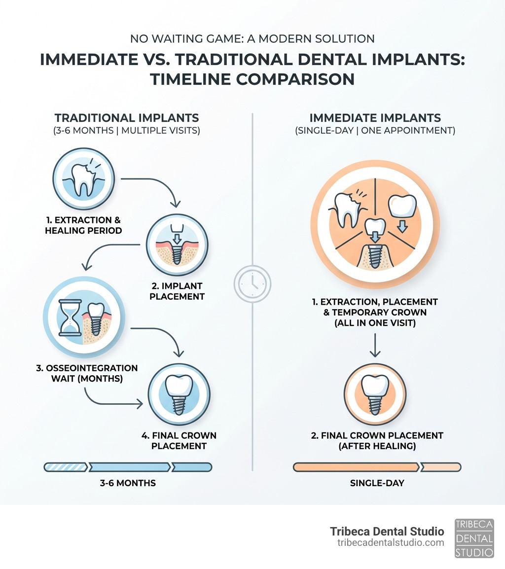 Infographic comparing traditional vs immediate dental implants: Traditional implants show a timeline of 3-6 months with multiple visits including extraction healing period, implant placement, osseointegration wait, and final crown placement. Immediate implants show a single-day timeline with extraction, implant placement, and temporary crown all in one appointment, followed by final crown placement after healing is complete. - Immediate dental implants NYC infographic 