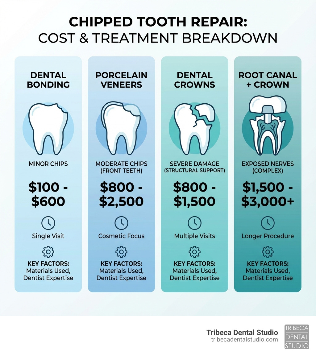 Infographic showing cost breakdown by treatment type: dental bonding for minor chips ($100-$600, single visit), porcelain veneers for moderate front tooth chips ($800-$2,500, cosmetic focus), dental crowns for severe damage ($800-$1,500, structural support), and root canal plus crown for exposed nerves ($1,500-$3,000+). Each treatment includes severity level, typical location, procedure time, and key cost factors like materials used and dentist expertise. - cost of getting chipped tooth fixed infographic 