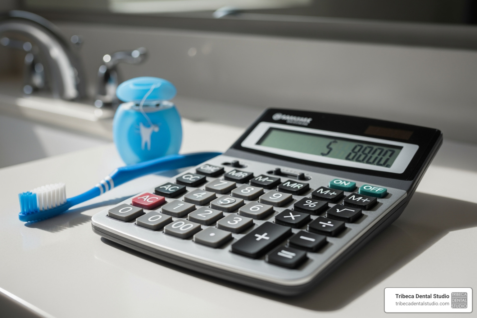 A calculator next to a toothbrush and floss, symbolizing the financial aspect of dental care - teeth cleaning without insurance cost A calculator next to a toothbrush and floss, symbolizing the financial aspect of dental care - teeth cleaning without insurance cost