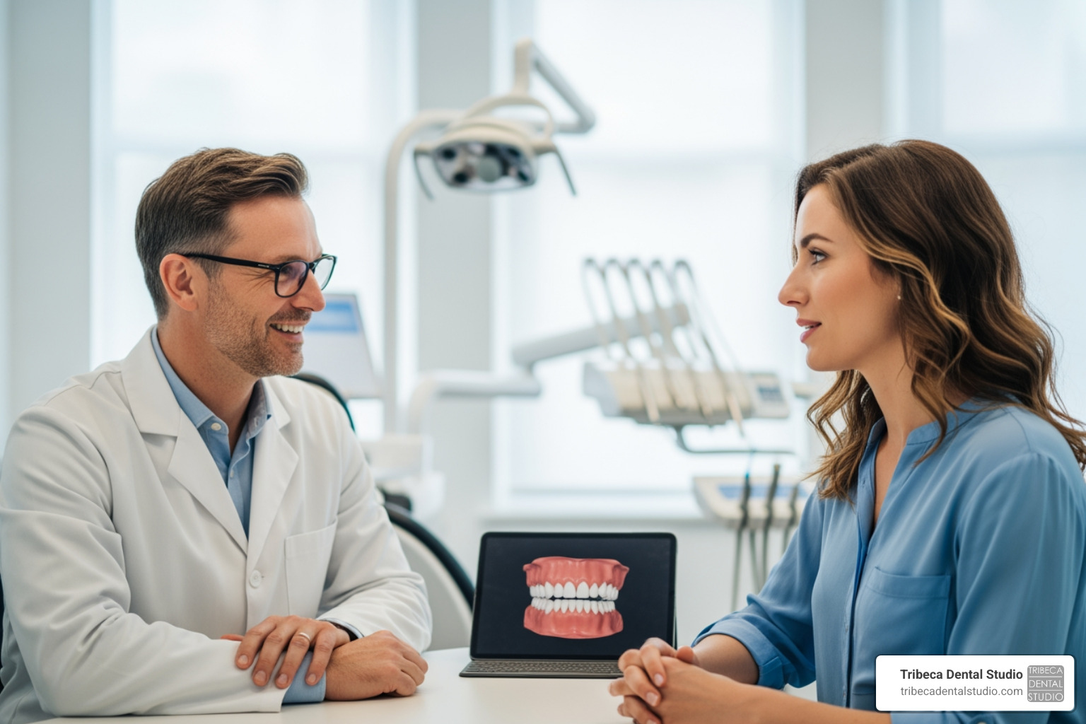 dentist discussing a treatment plan with a patient - how much 1 tooth implant cost