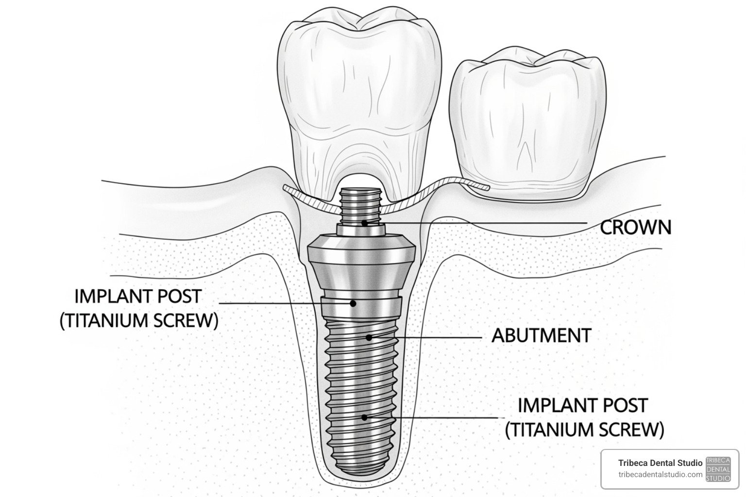 diagram showing the implant, abutment, and crown assembled - how much 1 tooth implant cost