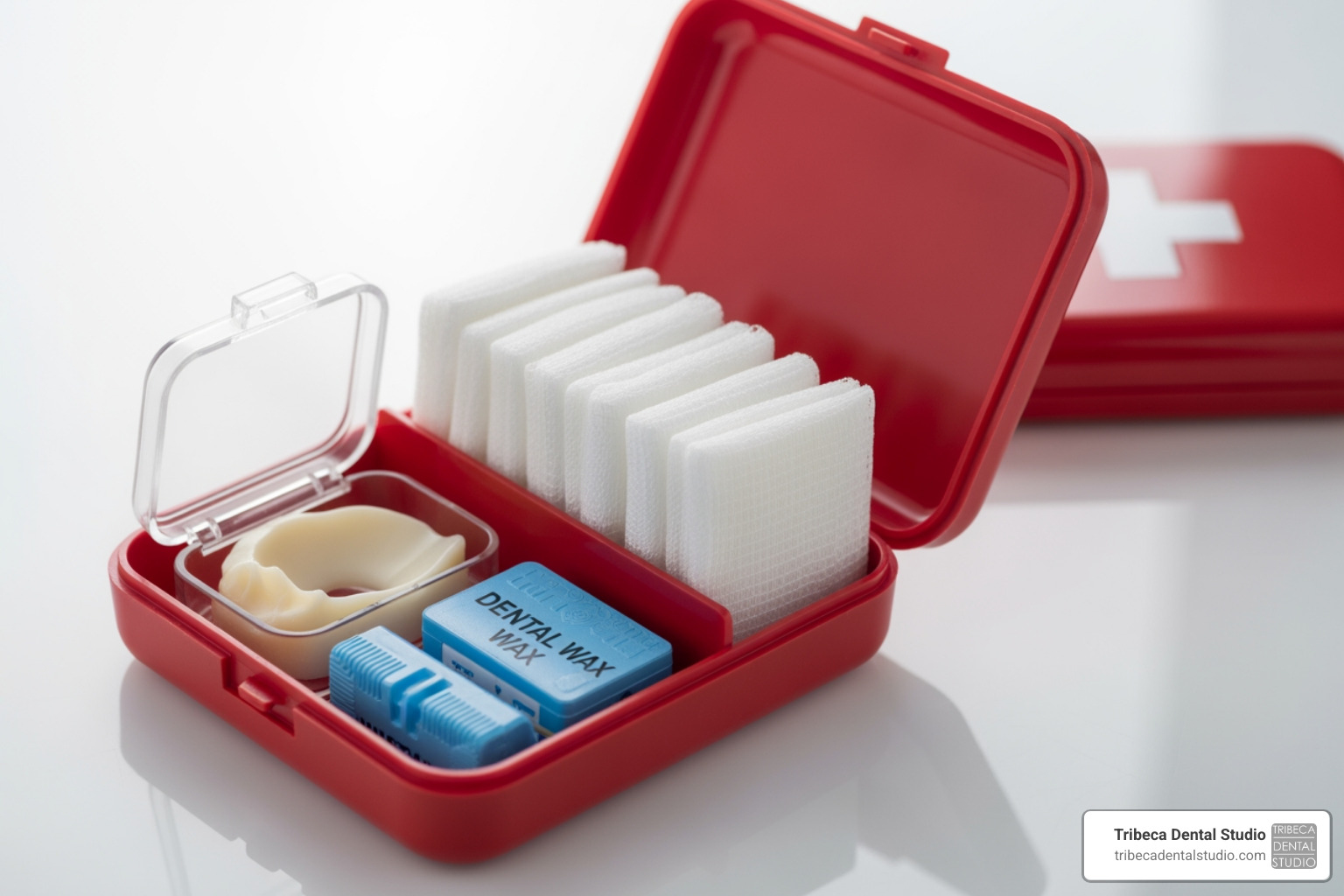 first-aid kit with dental wax and gauze - get chipped tooth fixed