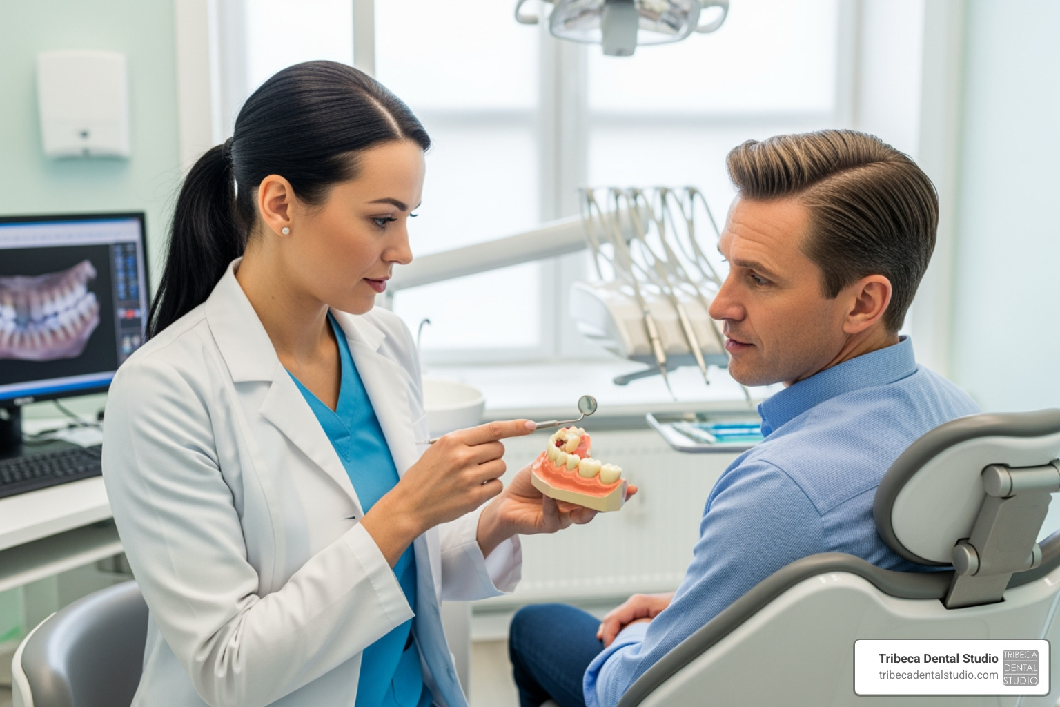 dentist showing a patient a model of a dental crown - get chipped tooth fixed