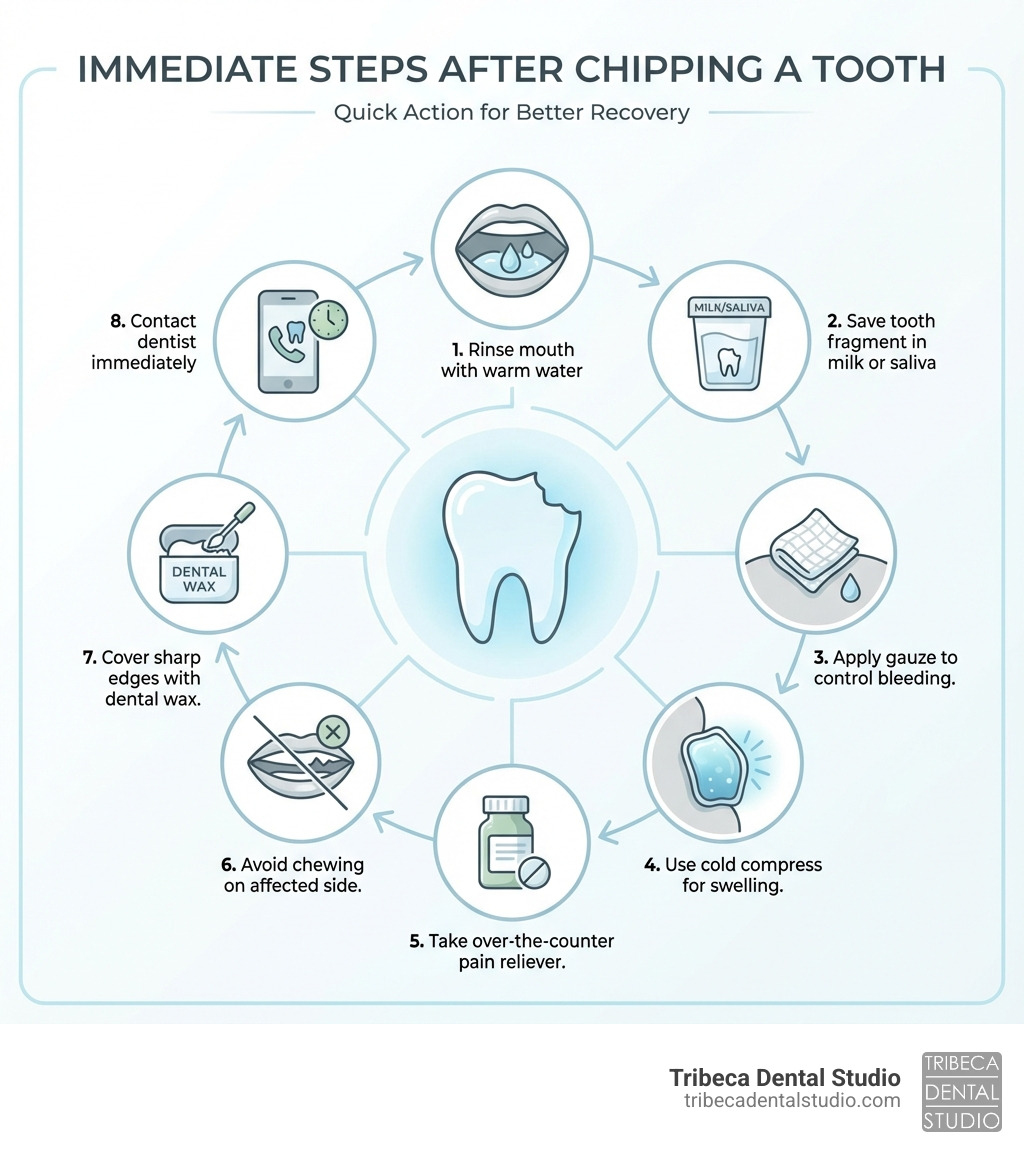 Infographic showing immediate steps after chipping a tooth: rinse mouth with warm water, save tooth fragment in milk or saliva, apply gauze to control bleeding, use cold compress for swelling, take over-the-counter pain reliever, avoid chewing on affected side, cover sharp edges with dental wax, and contact dentist immediately - get chipped tooth fixed infographic 