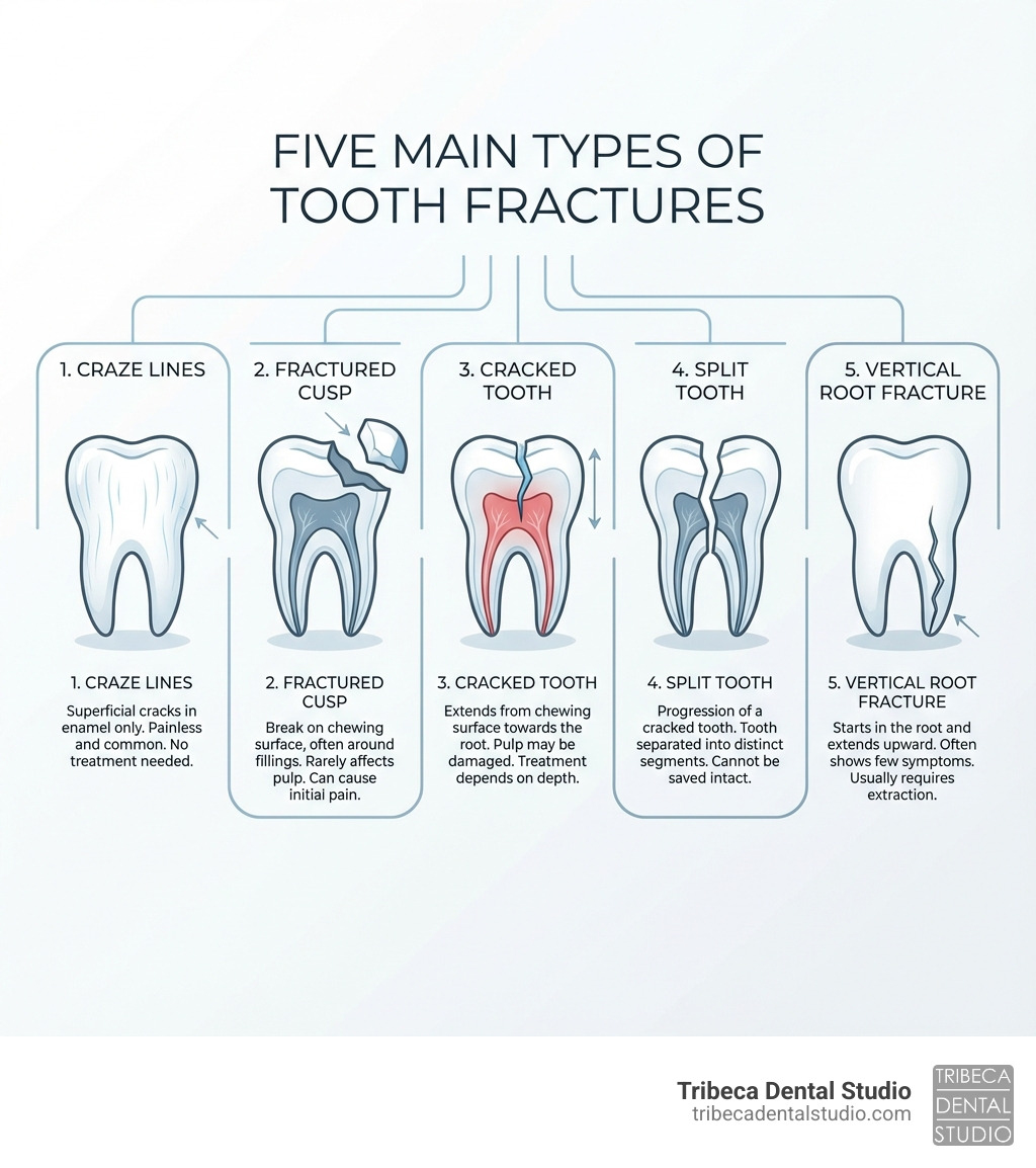 Infographic showing the five main types of tooth fractures: craze lines, fractured cusp, cracked tooth, split tooth, and vertical root fracture, with brief descriptions of each - fractured tooth repair cost infographic 
