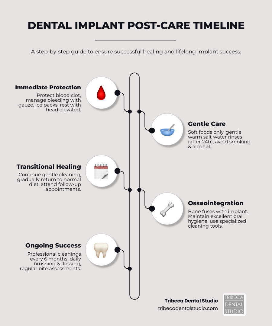 Infographic showing the complete dental implant healing timeline from day 1 post-surgery through months 3-6 of osseointegration, including key care instructions for each phase: immediate post-op (ice, rest, gauze), first two weeks (soft foods, gentle rinsing, medication), weeks 2-6 (gradual diet return, follow-ups), and months 3-6 (osseointegration completion, specialized cleaning routine), ending with long-term maintenance requirements - Dental implant post care infographic infographic-line-5-steps-elegant_beige