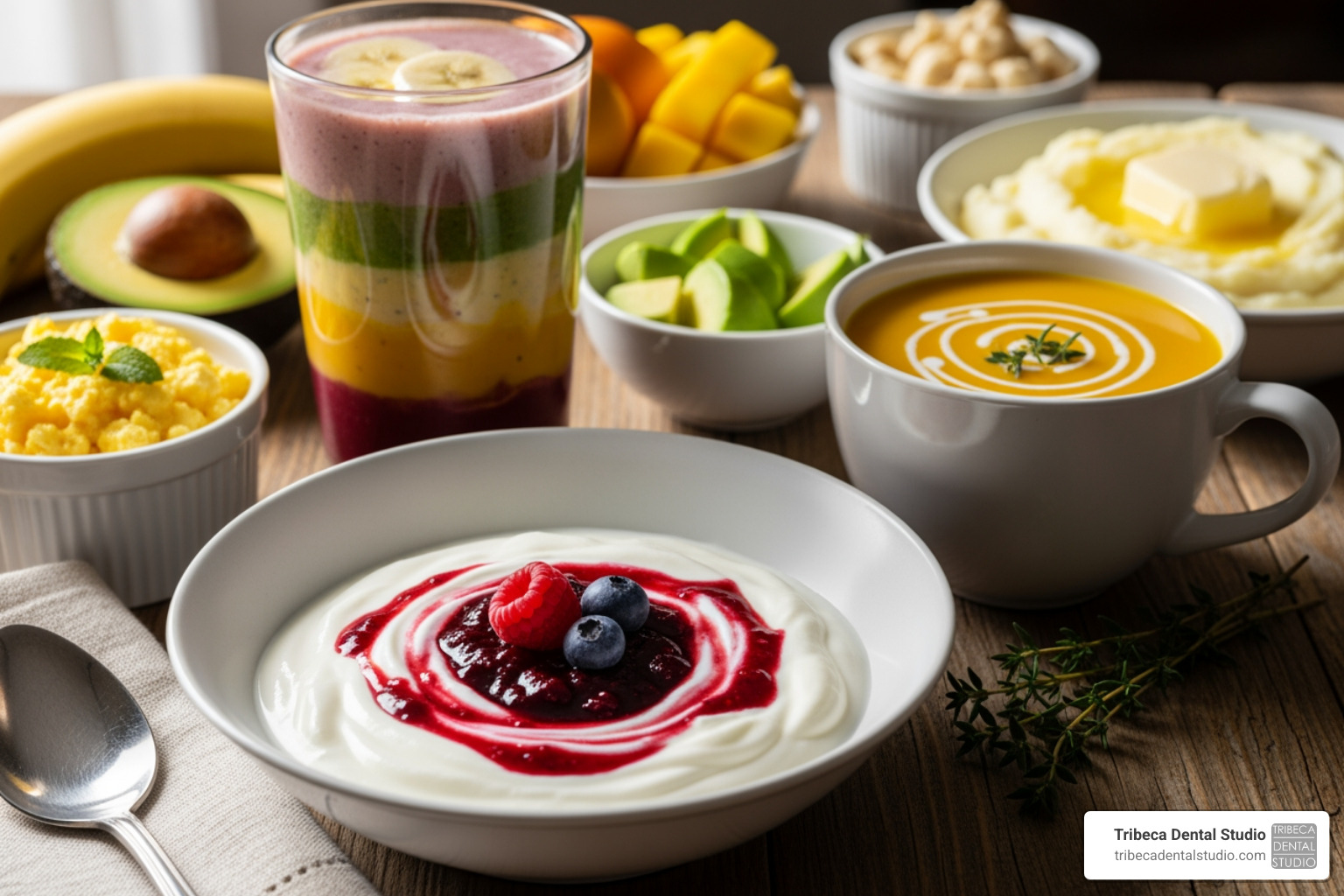 a variety of soft foods like yogurt, soup, and smoothies - Dental implant post care