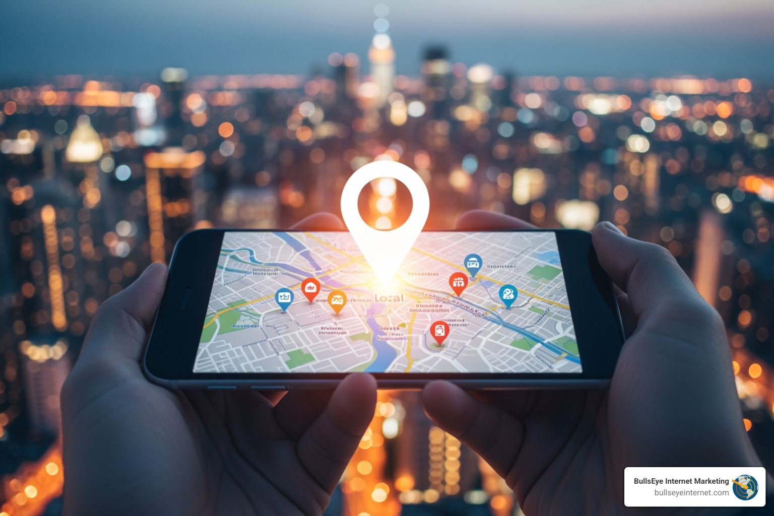Comparison of local search results (map pack) vs. national search results - Local SEO services Smartphone displaying a digital map with location markers, symbolizing local SEO strategies for businesses to attract nearby customers.